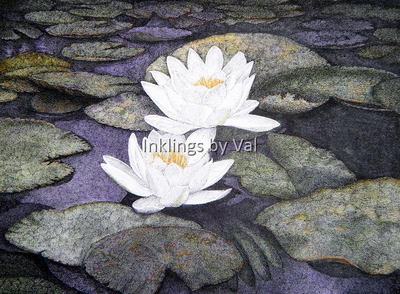 Water Lilies.jpg - 14in x 18in matted & framed:$845 USD : \This piece is a three year endeavor. Off and on, I worked on the water and leaves. Then I put it aside for a year before finishing the flowers.